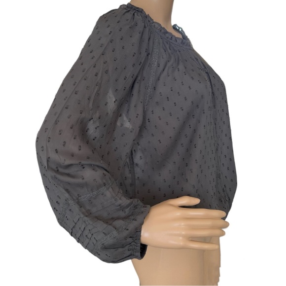 Lucky Brand Gray Chiffon Swiss Dot Peasant Blouse Simi Sheer - Picture 2 of 4